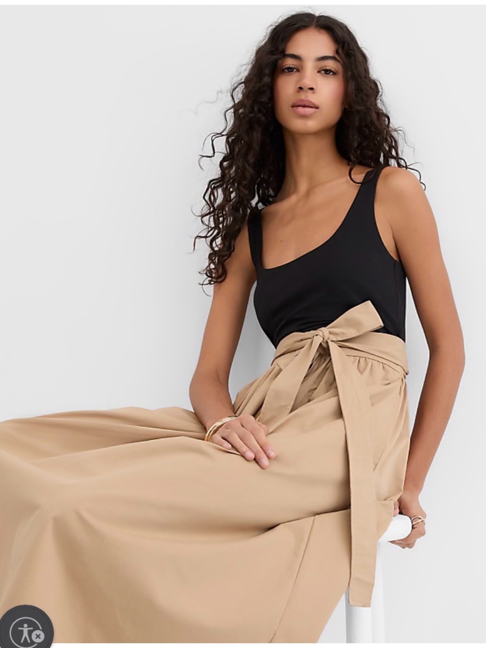NWT Loft Tie-Waist Midi Mixed Media dress in Black/Khaki, size S - Picture 2 of 4